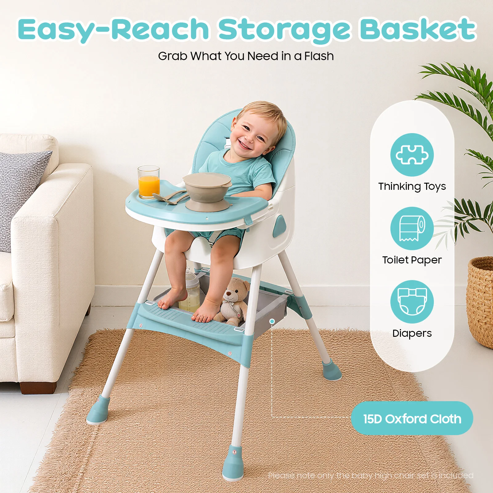2-in-1 Foldable Baby High Chair with Cushion, 176lbs Load Capacity, Adjustable Height & 5-Position Tray, Portable Feeding Seat with Food-grade Cutlery for 6 Months-6 Years