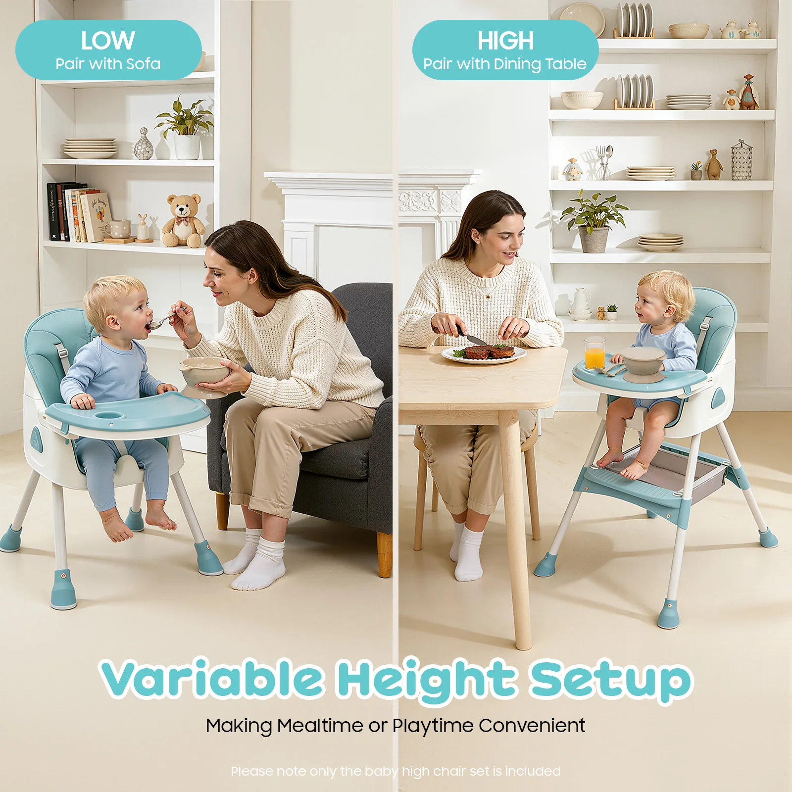 2-in-1 Foldable Baby High Chair with Cushion, 176lbs Load Capacity, Adjustable Height & 5-Position Tray, Portable Feeding Seat with Food-grade Cutlery for 6 Months-6 Years