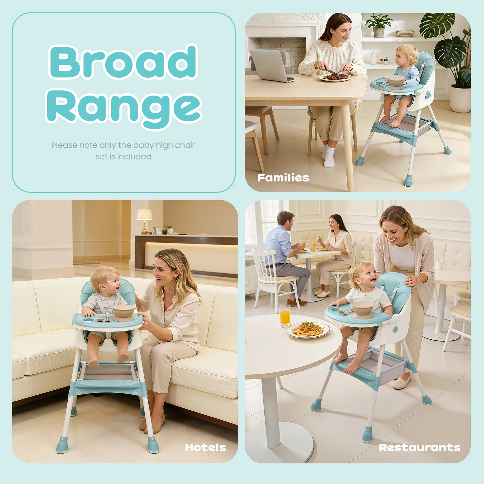 2-in-1 Foldable Baby High Chair with Cushion, 176lbs Load Capacity, Adjustable Height & 5-Position Tray, Portable Feeding Seat with Food-grade Cutlery for 6 Months-6 Years