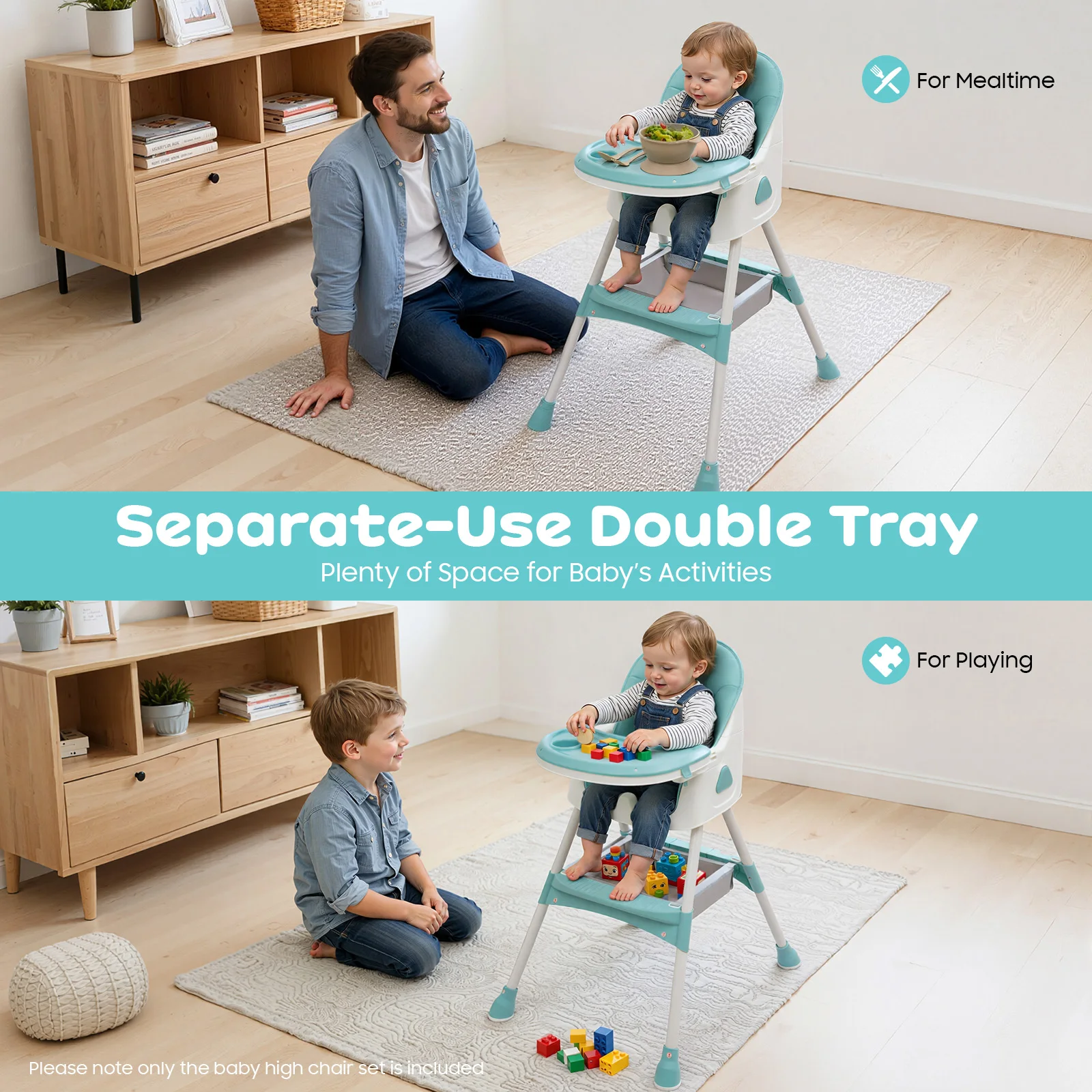 2-in-1 Foldable Baby High Chair with Cushion, 176lbs Load Capacity, Adjustable Height & 5-Position Tray, Portable Feeding Seat with Food-grade Cutlery for 6 Months-6 Years