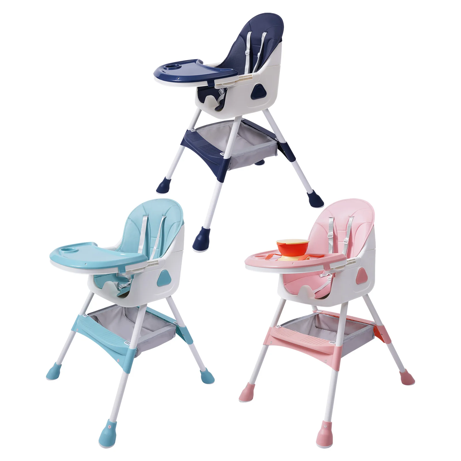 2-in-1 Foldable Baby High Chair with Cushion, 176lbs Load Capacity, Adjustable Height & 5-Position Tray, Portable Feeding Seat with Food-grade Cutlery for 6 Months-6 Years