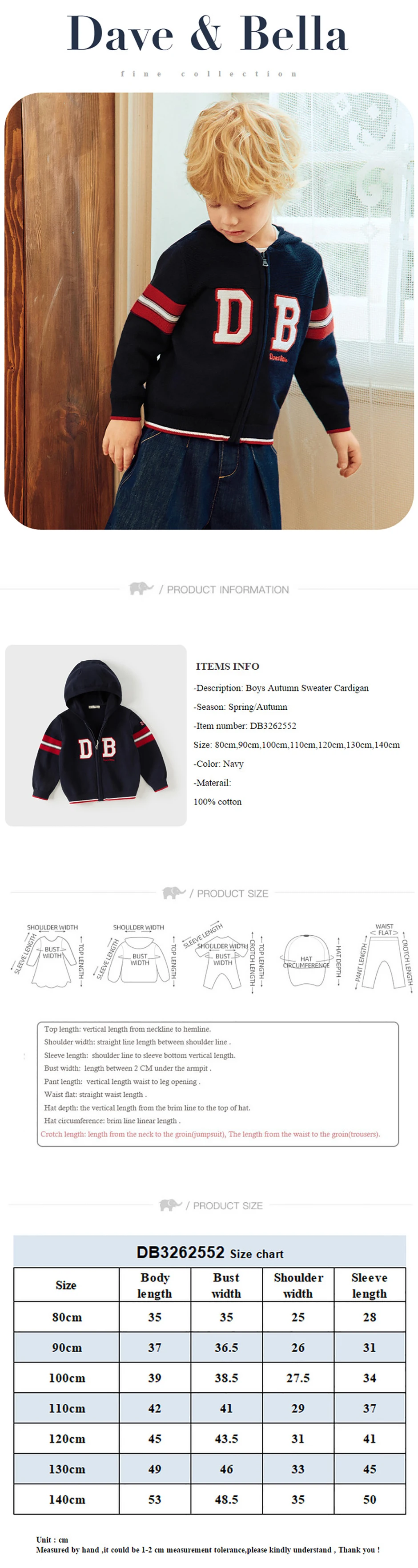 Dave Bella Boys Sweater Autumn Cardigan Sweater Spring Long Sleeves Children Coat Clothes Letter Gentle Fashion Party DB3262552