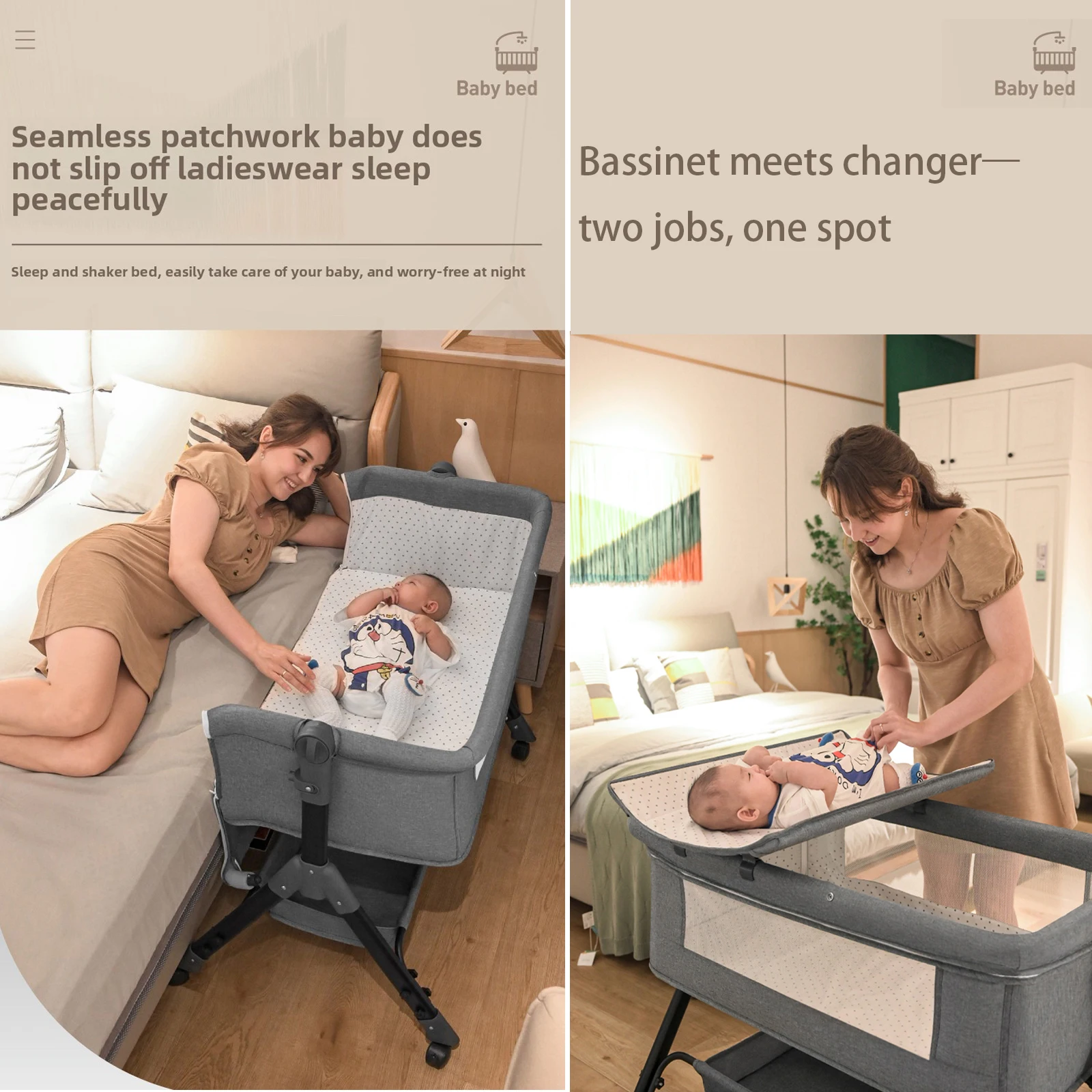 Baby Bassinet Bedside Sleeper Crib with Changing Table Manual Rocking Cradle Foldable Portable Infant Cot Newborn Bed Adjustable Height Side Opening Nursery Bed Storage Basket Lockable Wheels Breathable Mesh Comfortable Sleeping Solution