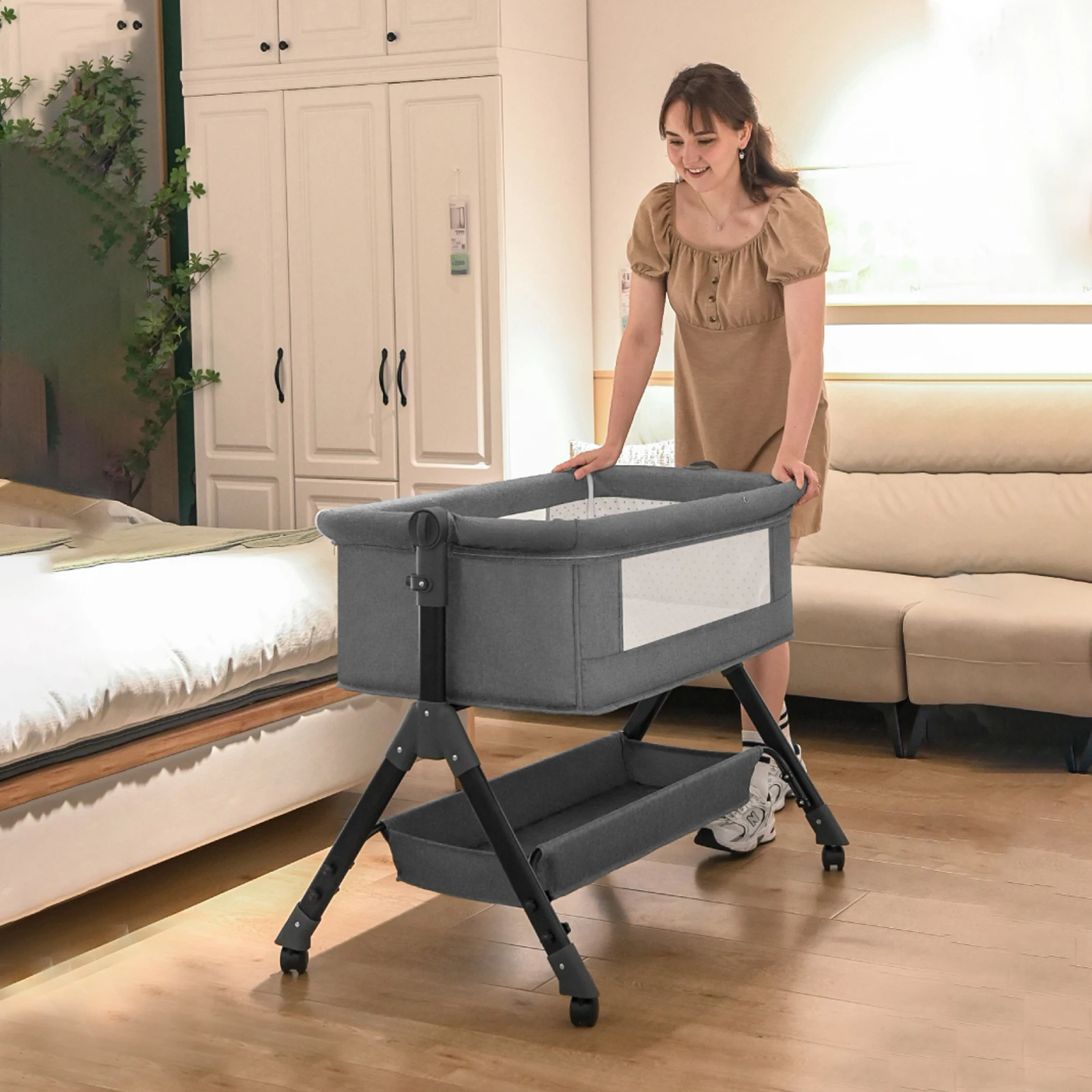 Baby Bassinet Bedside Sleeper Crib with Changing Table Manual Rocking Cradle Foldable Portable Infant Cot Newborn Bed Adjustable Height Side Opening Nursery Bed Storage Basket Lockable Wheels Breathable Mesh Comfortable Sleeping Solution