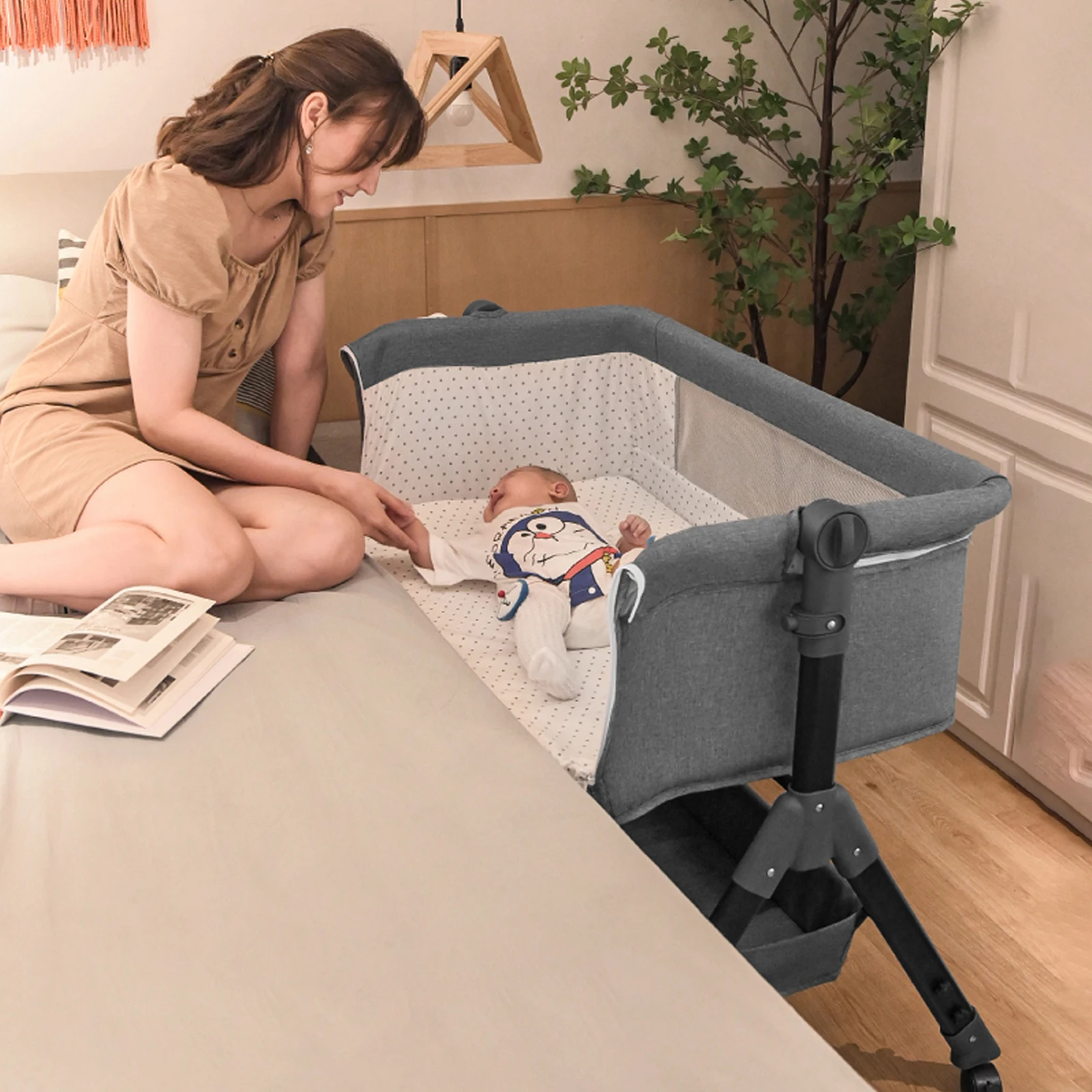 Baby Bassinet Bedside Sleeper Crib with Changing Table Manual Rocking Cradle Foldable Portable Infant Cot Newborn Bed Adjustable Height Side Opening Nursery Bed Storage Basket Lockable Wheels Breathable Mesh Comfortable Sleeping Solution