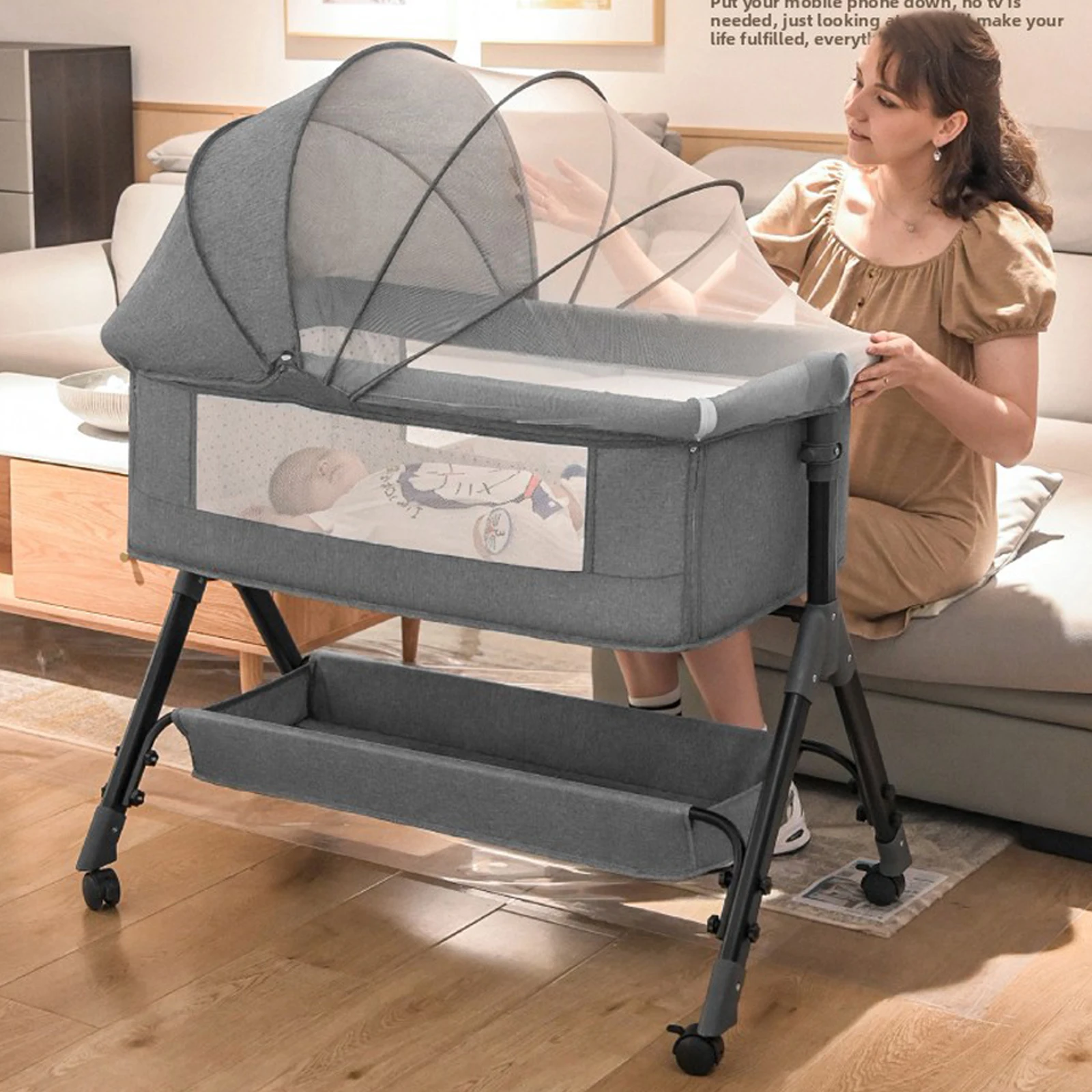 Baby Bassinet Bedside Sleeper Crib with Changing Table Manual Rocking Cradle Foldable Portable Infant Cot Newborn Bed Adjustable Height Side Opening Nursery Bed Storage Basket Lockable Wheels Breathable Mesh Comfortable Sleeping Solution