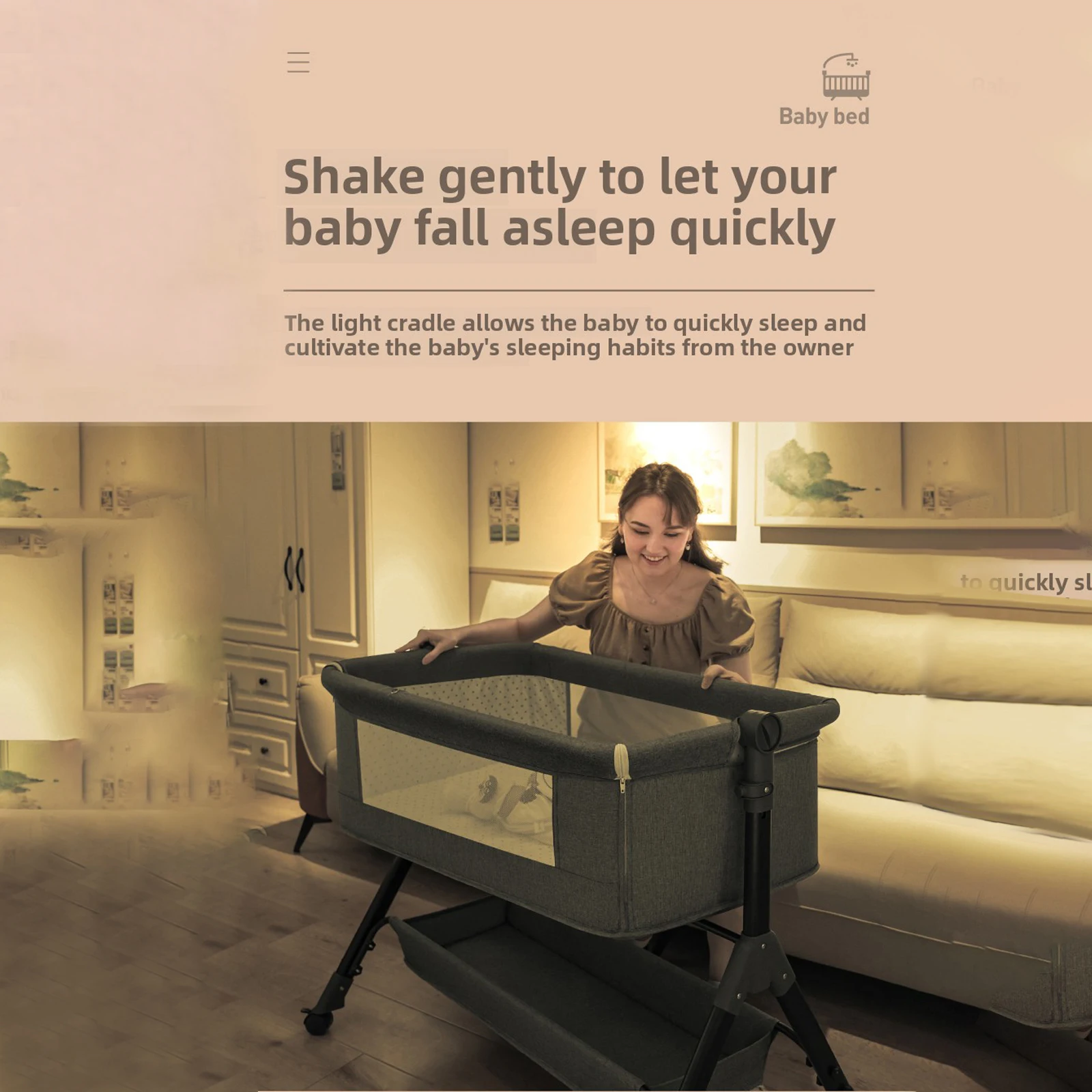 Baby Bassinet Bedside Sleeper Crib with Changing Table Manual Rocking Cradle Foldable Portable Infant Cot Newborn Bed Adjustable Height Side Opening Nursery Bed Storage Basket Lockable Wheels Breathable Mesh Comfortable Sleeping Solution