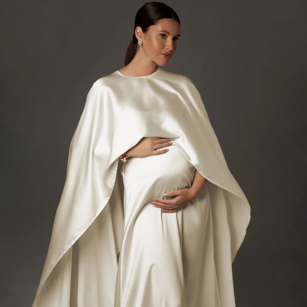 Minimalist Beige Maternity Photo Gown Silk Satin Look Dress Elegant Pregnant Women Studio Posing Photo Shoot Clothing