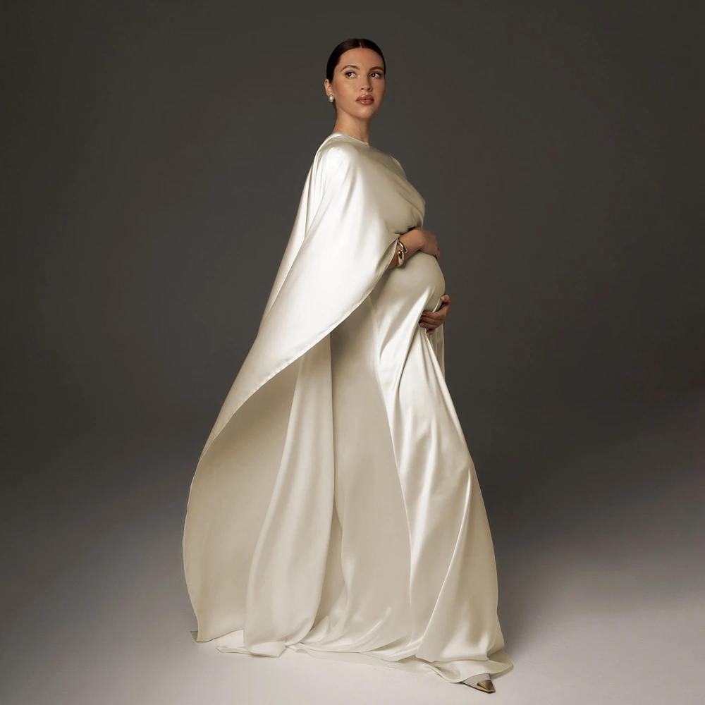 Minimalist Beige Maternity Photo Gown Silk Satin Look Dress Elegant Pregnant Women Studio Posing Photo Shoot Clothing
