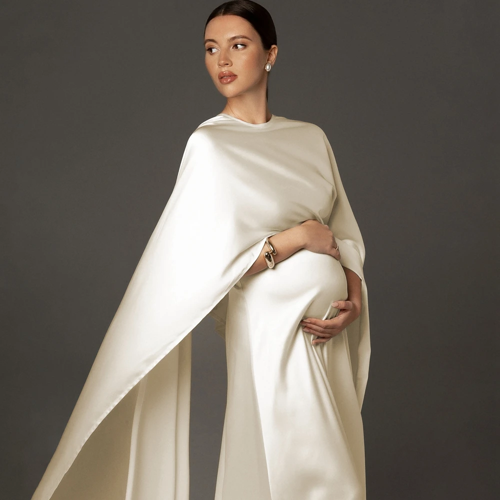Minimalist Beige Maternity Photo Gown Silk Satin Look Dress Elegant Pregnant Women Studio Posing Photo Shoot Clothing