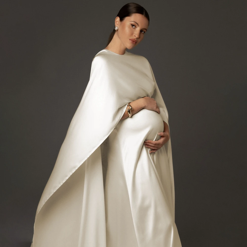 Minimalist Beige Maternity Photo Gown Silk Satin Look Dress Elegant Pregnant Women Studio Posing Photo Shoot Clothing