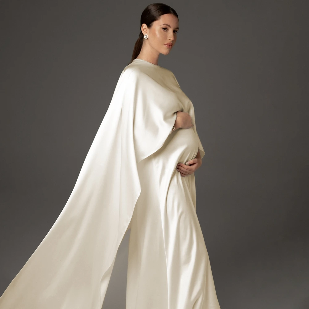 Minimalist Beige Maternity Photo Gown Silk Satin Look Dress Elegant Pregnant Women Studio Posing Photo Shoot Clothing