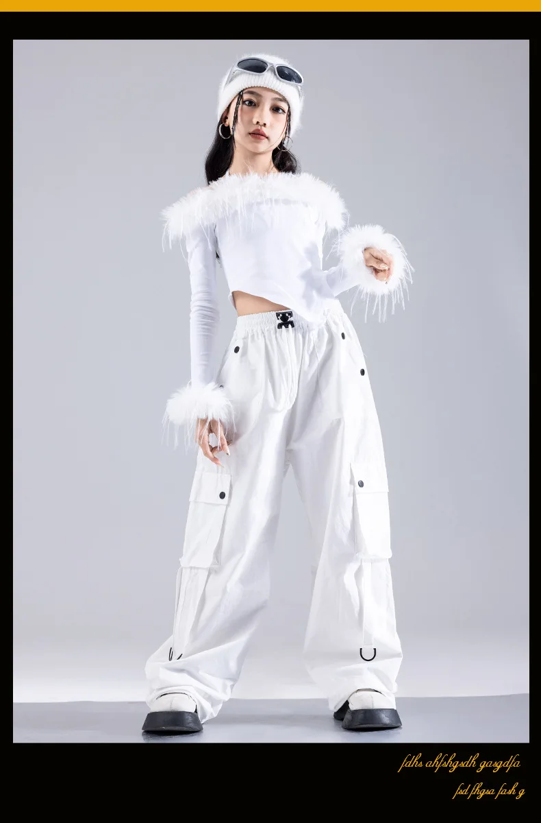 Girls Jazz Dance Performance Suit Kids Hip Hop Stage Wear Kpop Fashion Clothes White Coat Jacket White Pants Steetwear