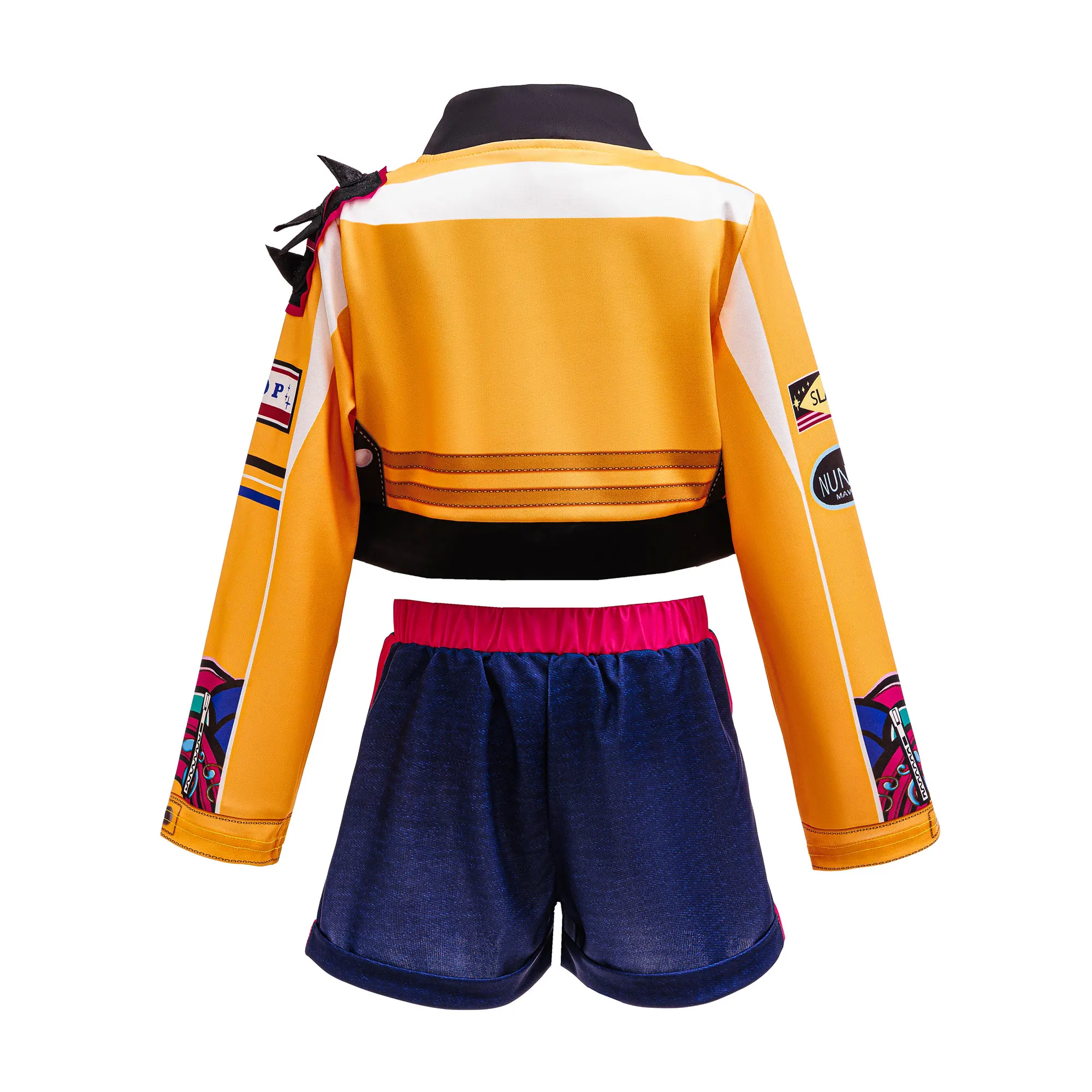 Girls 3Pcs Clothing Fashion Dance Costume Yellow Graffiti Printed Coat+Crop Top+Shorts Set Kid Cosplay Korean Cool Singer Outfit