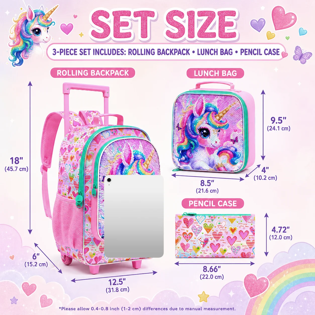 3PCS Girls Rolling School Backpack Set, Wheeled Trolley Backpack with Handbag and Pen Pouch for Elementary Students