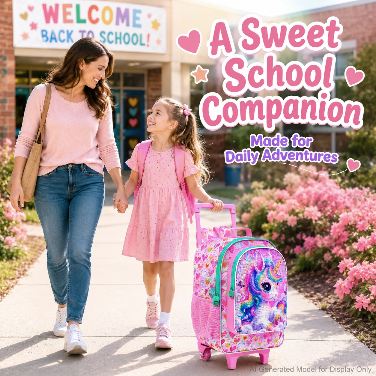 3PCS Girls Rolling School Backpack Set, Wheeled Trolley Backpack with Handbag and Pen Pouch for Elementary Students