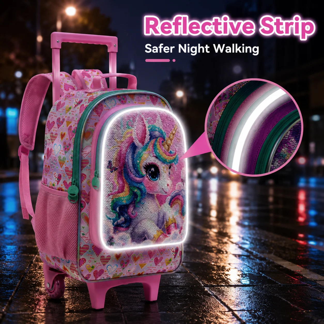 3PCS Girls Rolling School Backpack Set, Wheeled Trolley Backpack with Handbag and Pen Pouch for Elementary Students