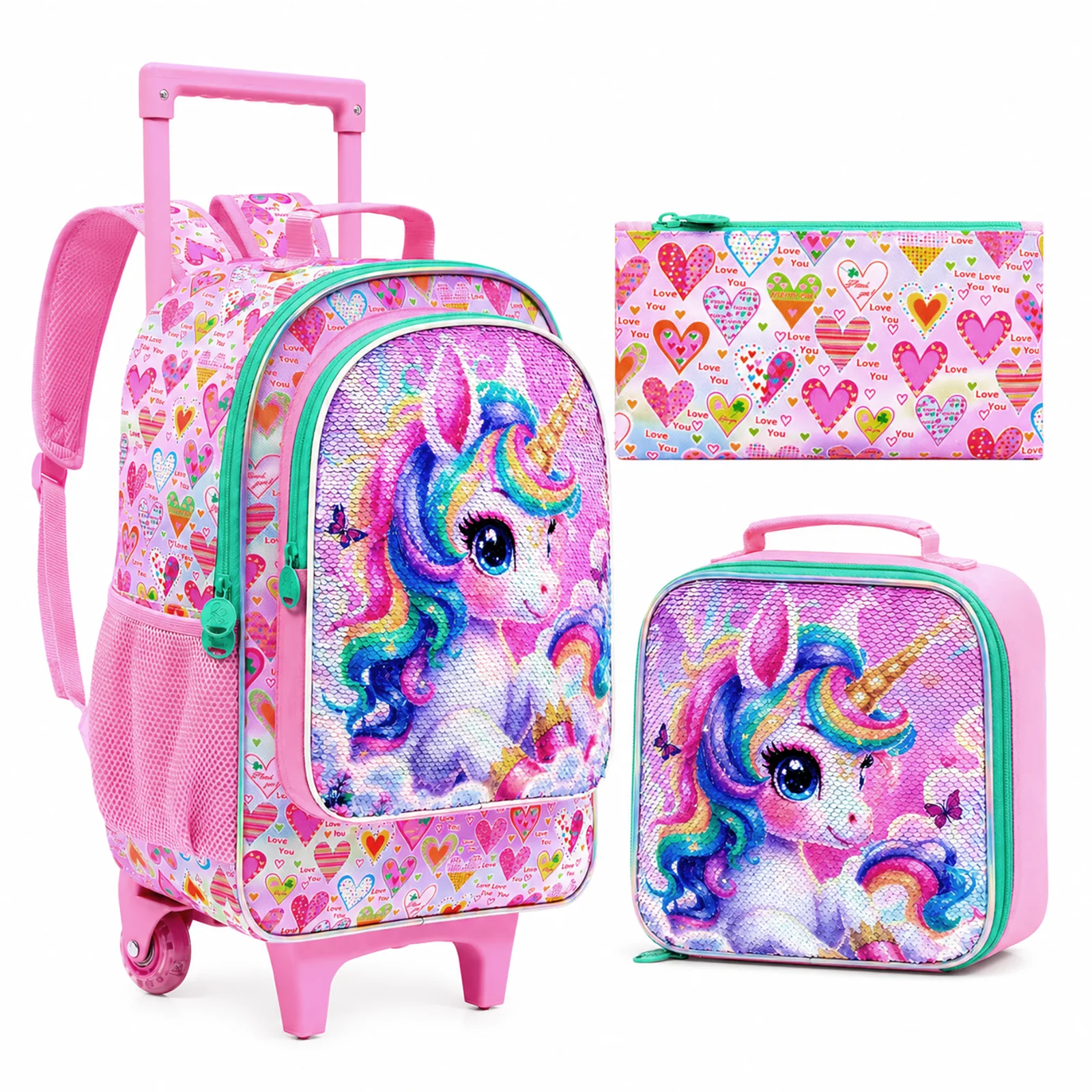 3PCS Girls Rolling School Backpack Set, Wheeled Trolley Backpack with Handbag and Pen Pouch for Elementary Students