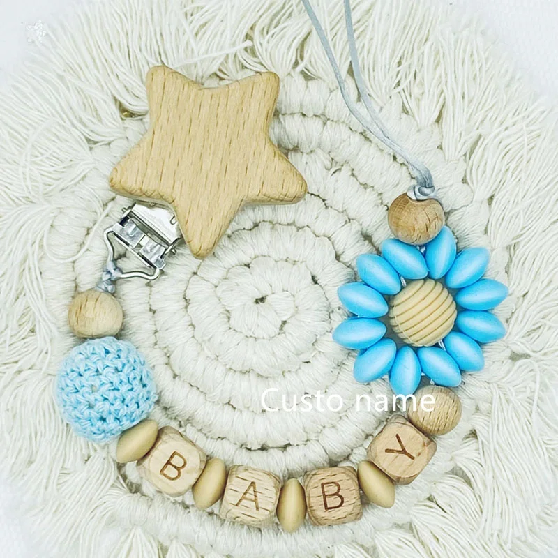 25PCS Custom Name Silicone Beads Flower Ring Pacifier Clips Safe Teething Chains Teether Eco-friendly Dummy Beech Clips Holder
