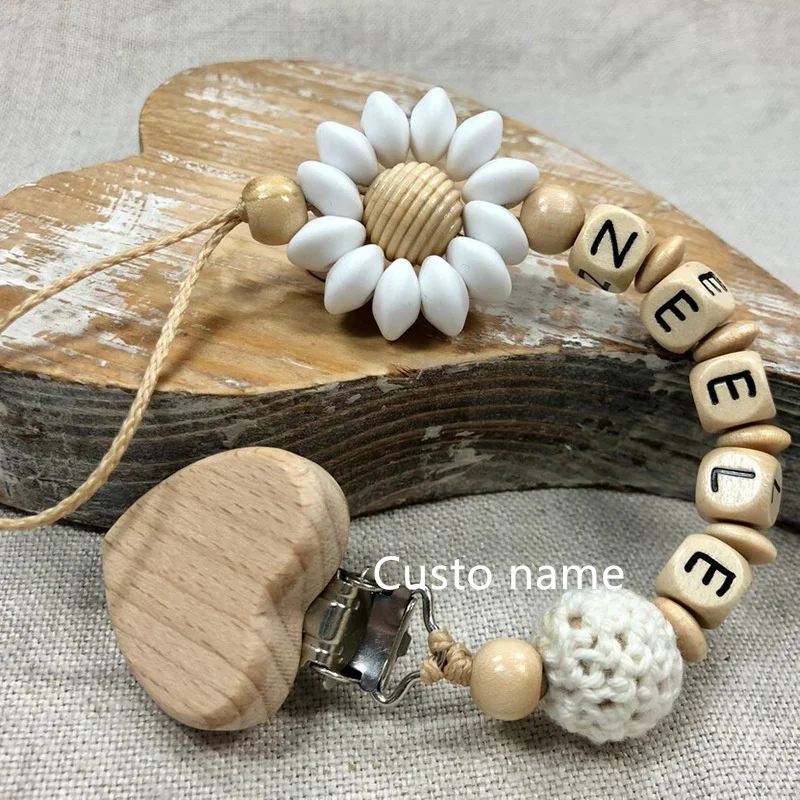 25PCS Custom Name Silicone Beads Flower Ring Pacifier Clips Safe Teething Chains Teether Eco-friendly Dummy Beech Clips Holder