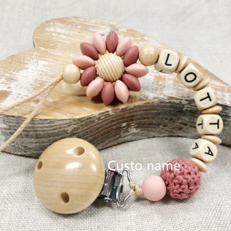 25PCS Custom Name Silicone Beads Flower Ring Pacifier Clips Safe Teething Chains Teether Eco-friendly Dummy Beech Clips Holder