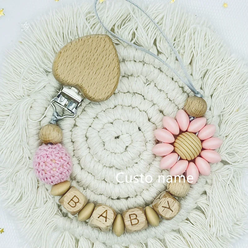 25PCS Custom Name Silicone Beads Flower Ring Pacifier Clips Safe Teething Chains Teether Eco-friendly Dummy Beech Clips Holder
