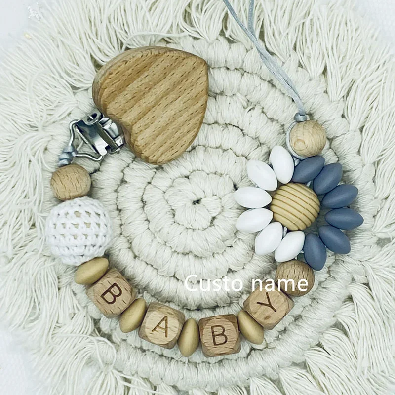 25PCS Custom Name Silicone Beads Flower Ring Pacifier Clips Safe Teething Chains Teether Eco-friendly Dummy Beech Clips Holder