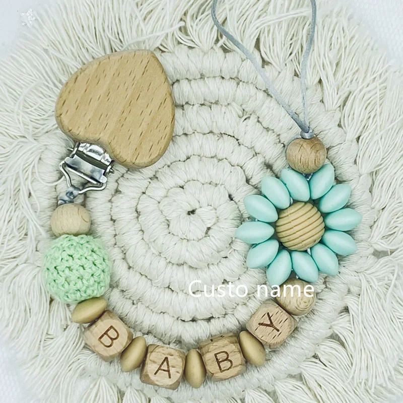 25PCS Custom Name Silicone Beads Flower Ring Pacifier Clips Safe Teething Chains Teether Eco-friendly Dummy Beech Clips Holder