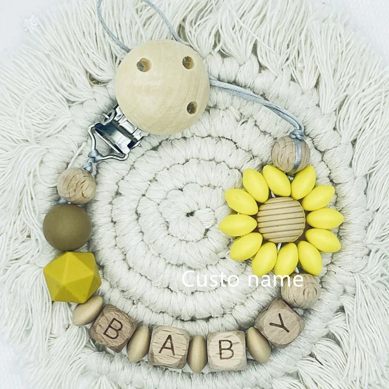 25PCS Custom Name Silicone Beads Flower Ring Pacifier Clips Safe Teething Chains Teether Eco-friendly Dummy Beech Clips Holder