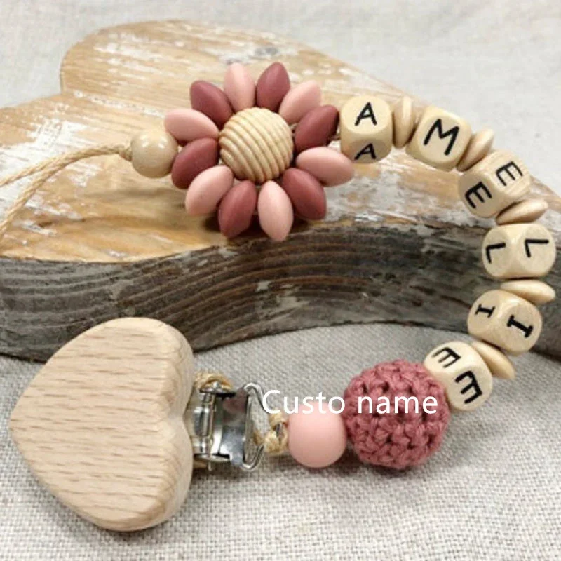 25PCS Custom Name Silicone Beads Flower Ring Pacifier Clips Safe Teething Chains Teether Eco-friendly Dummy Beech Clips Holder
