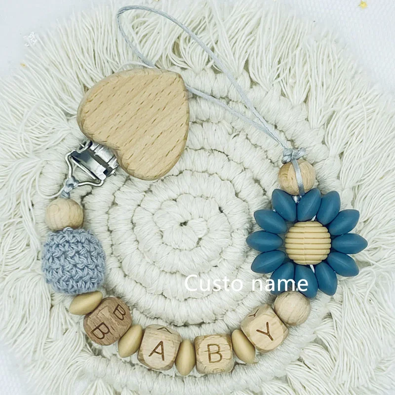 25PCS Custom Name Silicone Beads Flower Ring Pacifier Clips Safe Teething Chains Teether Eco-friendly Dummy Beech Clips Holder