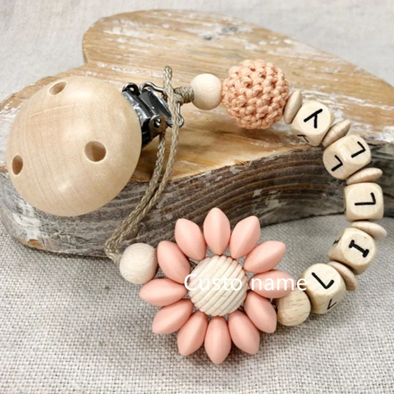 25PCS Custom Name Silicone Beads Flower Ring Pacifier Clips Safe Teething Chains Teether Eco-friendly Dummy Beech Clips Holder
