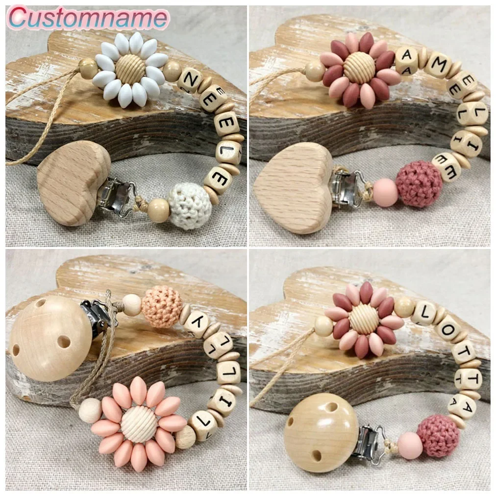 25PCS Custom Name Silicone Beads Flower Ring Pacifier Clips Safe Teething Chains Teether Eco-friendly Dummy Beech Clips Holder