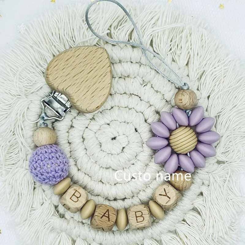 25PCS Custom Name Silicone Beads Flower Ring Pacifier Clips Safe Teething Chains Teether Eco-friendly Dummy Beech Clips Holder