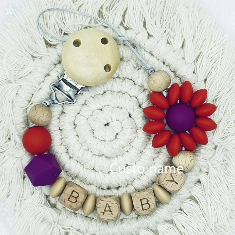25PCS Custom Name Silicone Beads Flower Ring Pacifier Clips Safe Teething Chains Teether Eco-friendly Dummy Beech Clips Holder