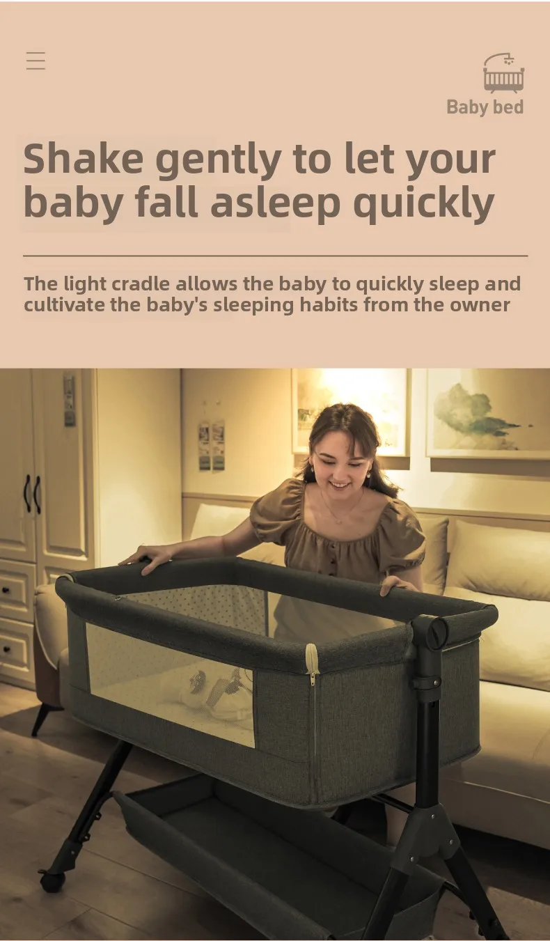Baby Crib for Newborn 0-12 Months Multifunctional Bedside Bassinet Infant Cot with Foam Mattress Mosquito Net Storage Basket Changing Table 3 Height Adjustment Side Opening 4 Lockable Swivel Wheels Manual Rocking Iron Frame