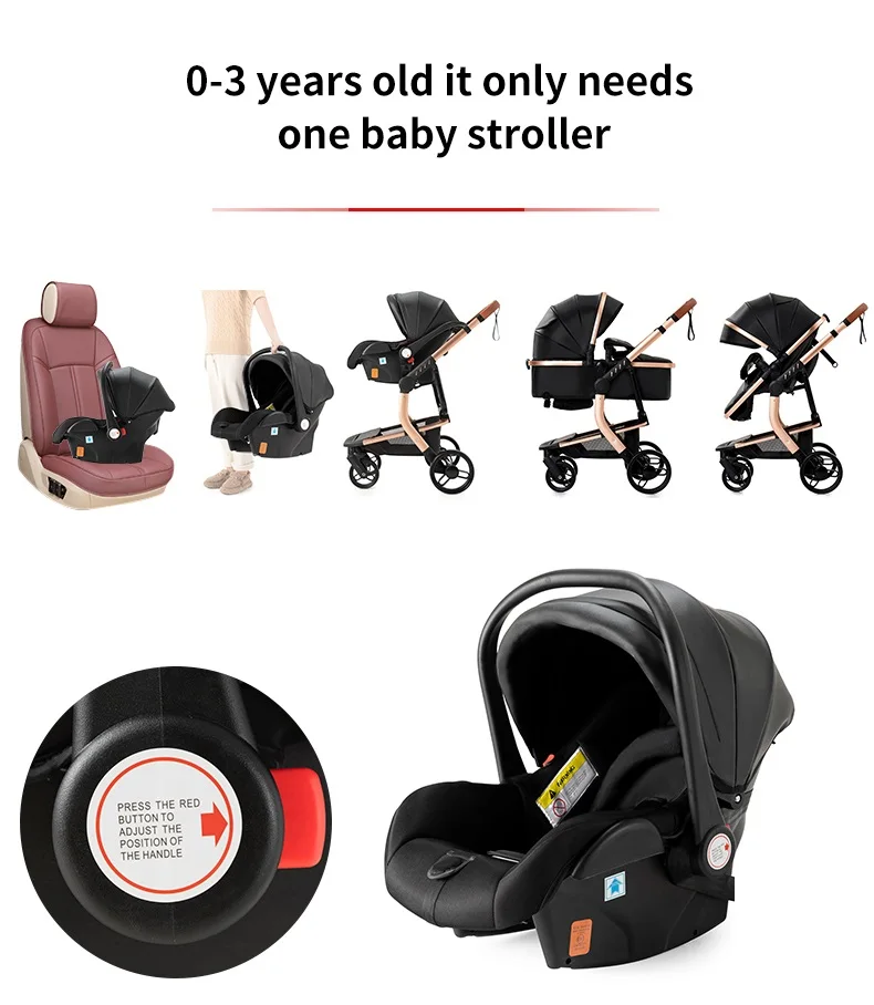 3-in-1 Baby Stroller with Leather Bassinet Car Seat Shock Absorbing Waterproof Windproof Design for All Seasons Travel Infant