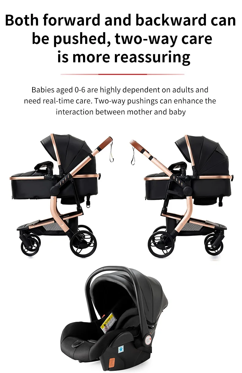 3-in-1 Baby Stroller with Leather Bassinet Car Seat Shock Absorbing Waterproof Windproof Design for All Seasons Travel Infant