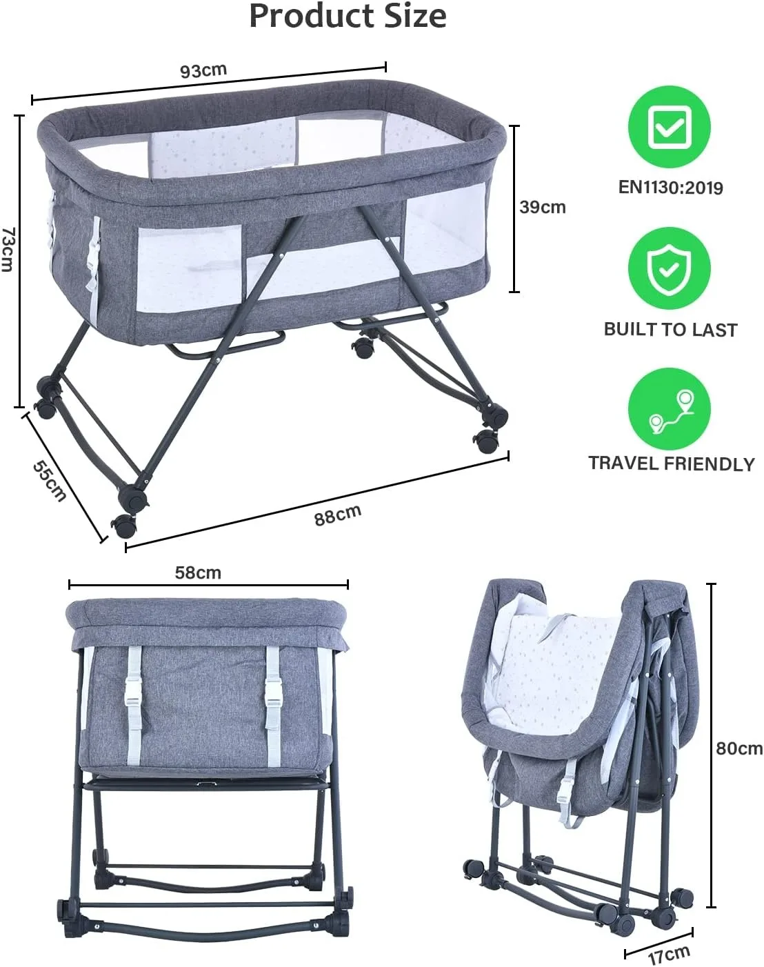 Foldable 4-in-1 Convertible Baby Travel Cot, Rocking Bedside Crib with Quiet Rolling Wheels, Perfect Use From Newborn To Toddler
