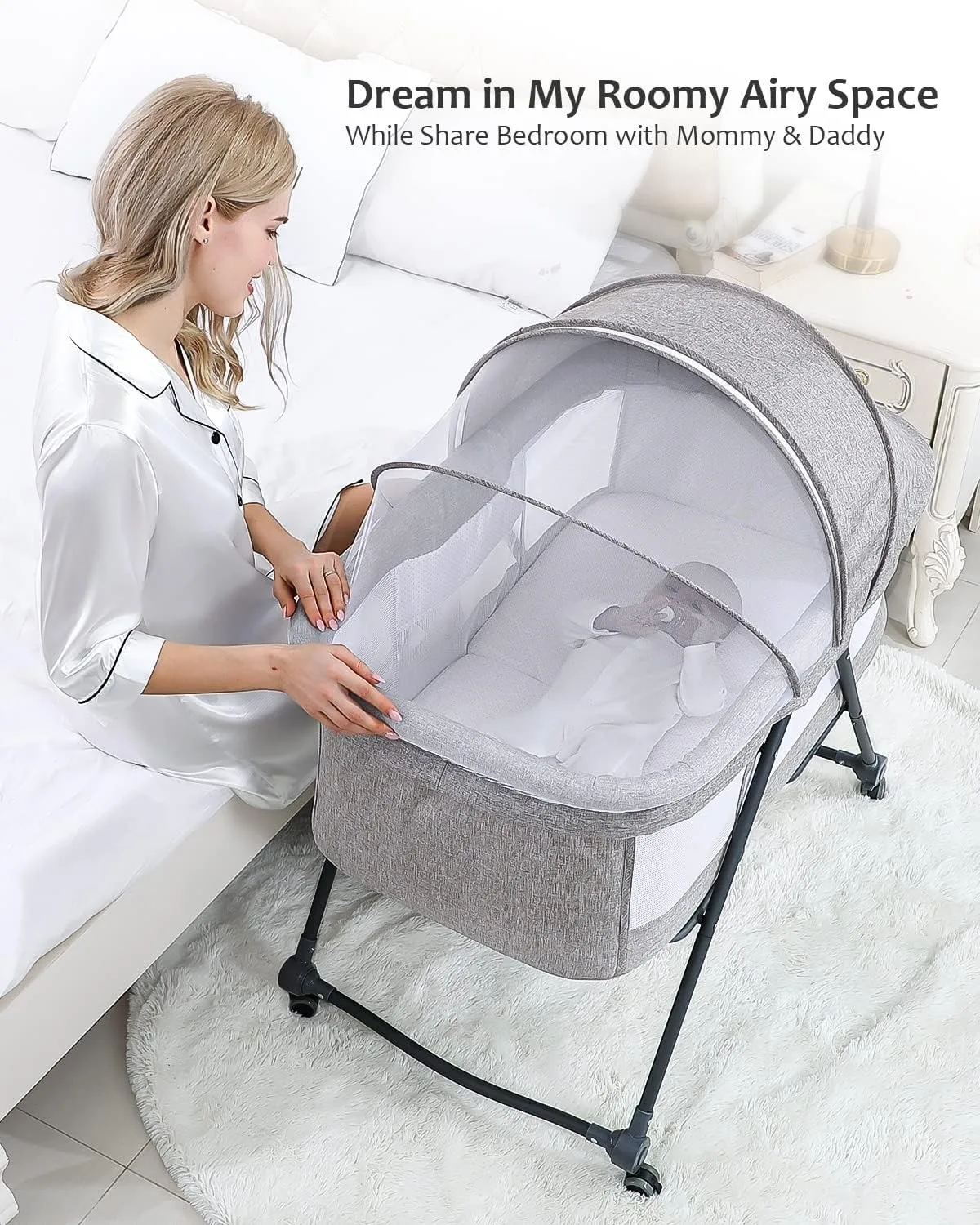 Foldable 4-in-1 Convertible Baby Travel Cot, Rocking Bedside Crib with Quiet Rolling Wheels, Perfect Use From Newborn To Toddler