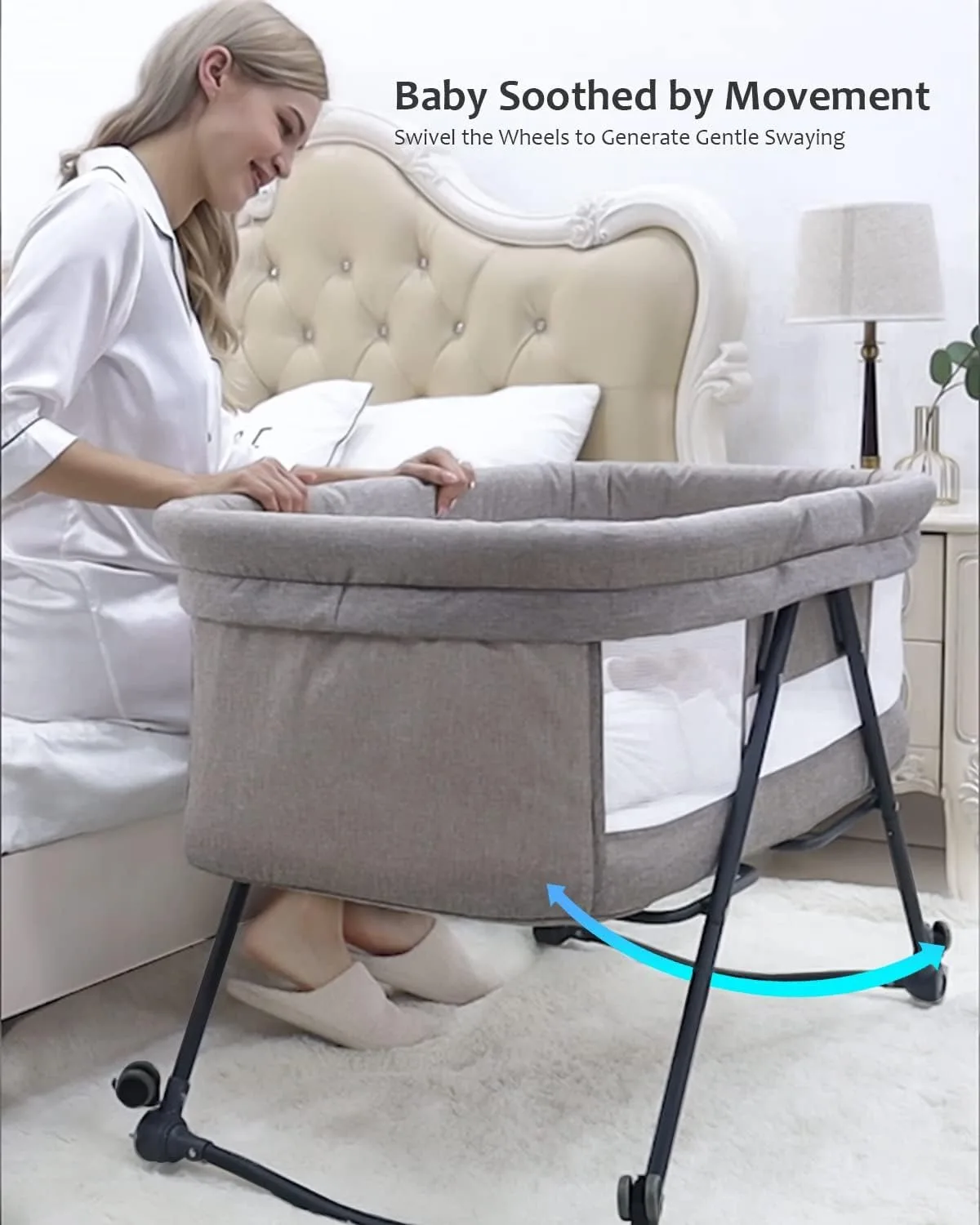 Foldable 4-in-1 Convertible Baby Travel Cot, Rocking Bedside Crib with Quiet Rolling Wheels, Perfect Use From Newborn To Toddler