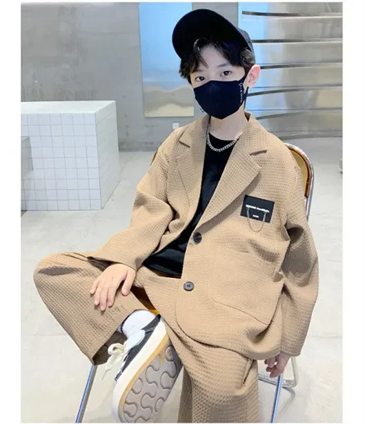 ZOETOPKID Kids Boys Suit Blazer+Pants Two Piece Black Khaki Spring Autumn Children Casual Formal Clothing 2PCS Set