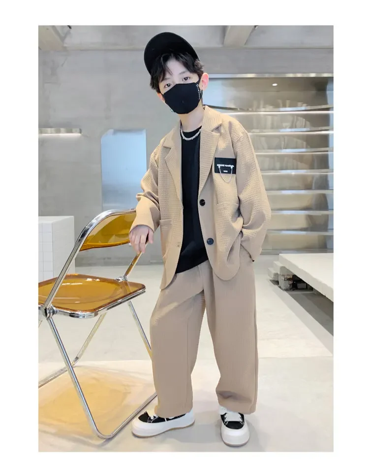 ZOETOPKID Kids Boys Suit Blazer+Pants Two Piece Black Khaki Spring Autumn Children Casual Formal Clothing 2PCS Set