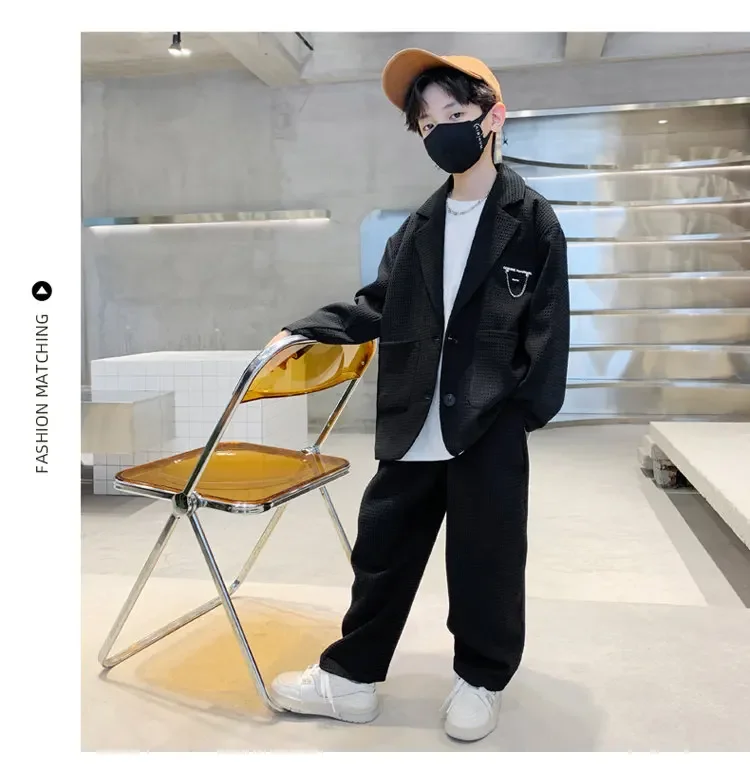 ZOETOPKID Kids Boys Suit Blazer+Pants Two Piece Black Khaki Spring Autumn Children Casual Formal Clothing 2PCS Set
