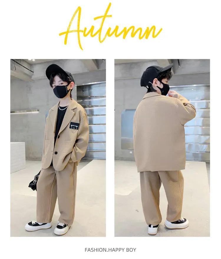 ZOETOPKID Kids Boys Suit Blazer+Pants Two Piece Black Khaki Spring Autumn Children Casual Formal Clothing 2PCS Set
