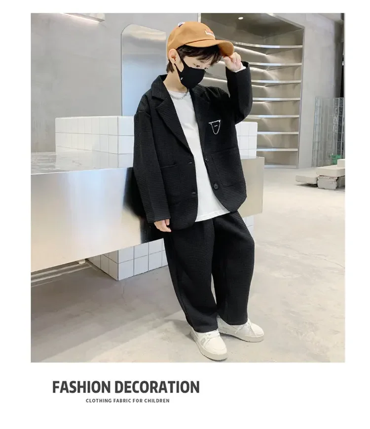 ZOETOPKID Kids Boys Suit Blazer+Pants Two Piece Black Khaki Spring Autumn Children Casual Formal Clothing 2PCS Set