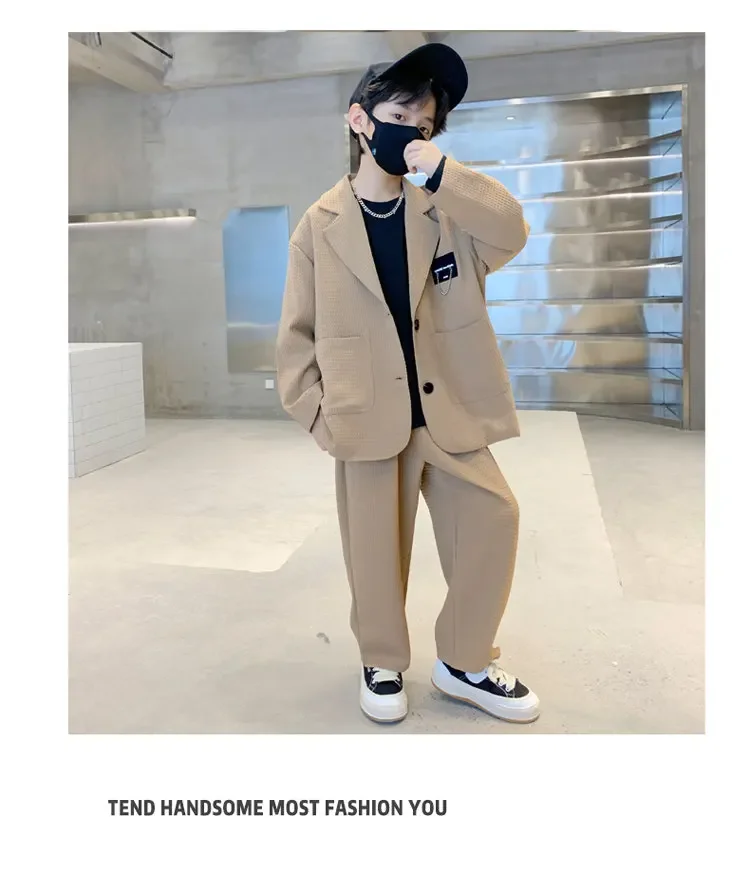 ZOETOPKID Kids Boys Suit Blazer+Pants Two Piece Black Khaki Spring Autumn Children Casual Formal Clothing 2PCS Set