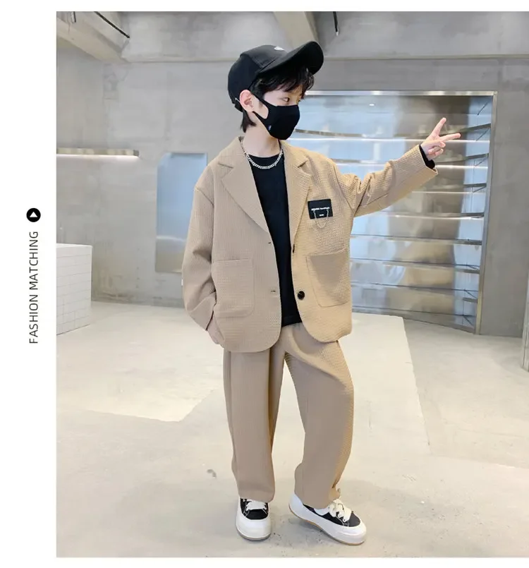 ZOETOPKID Kids Boys Suit Blazer+Pants Two Piece Black Khaki Spring Autumn Children Casual Formal Clothing 2PCS Set