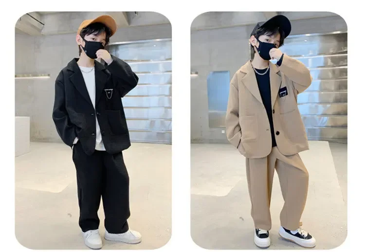 ZOETOPKID Kids Boys Suit Blazer+Pants Two Piece Black Khaki Spring Autumn Children Casual Formal Clothing 2PCS Set