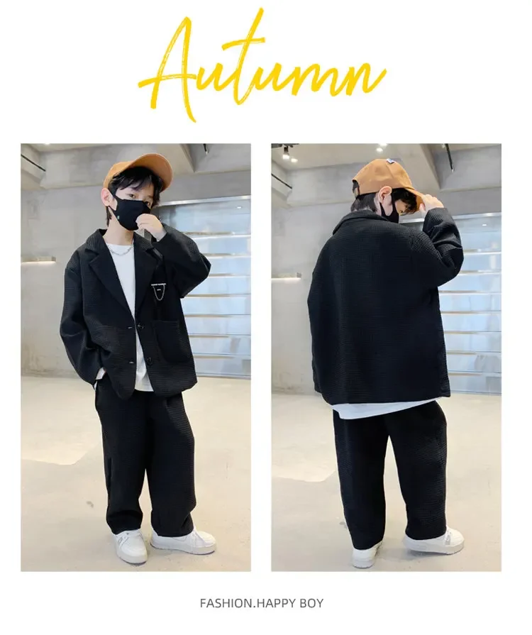 ZOETOPKID Kids Boys Suit Blazer+Pants Two Piece Black Khaki Spring Autumn Children Casual Formal Clothing 2PCS Set